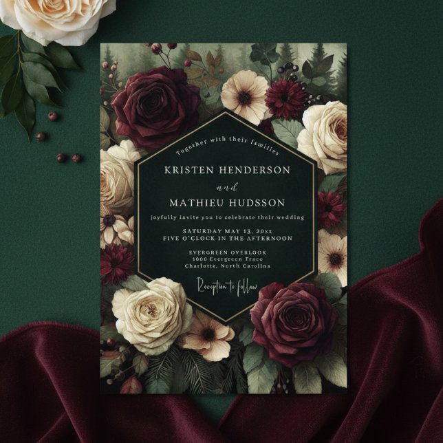Invitation Mariage Romantique aux Fleurs de Bourgogne Profond (Créateur téléchargé)