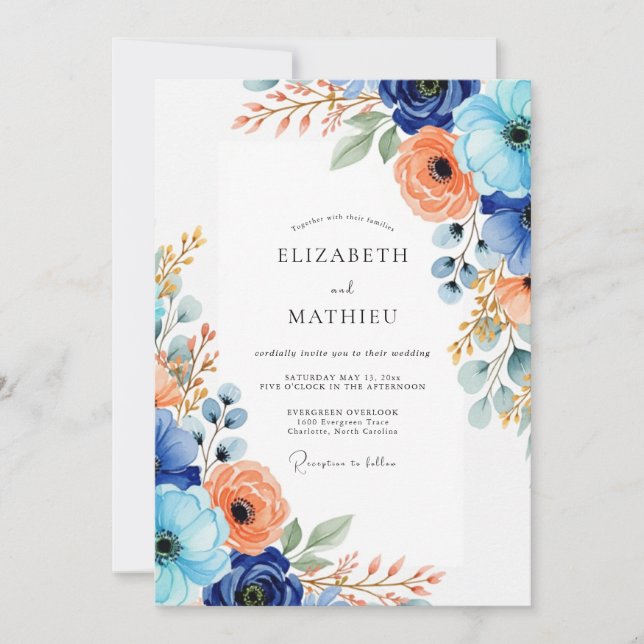 Invitation Mariage romantique aux fleurs de corail bleu (Devant)