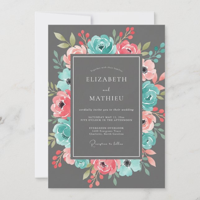 Invitation Mariage Romantique aux Fleurs de Corail Sarcelle (Devant)