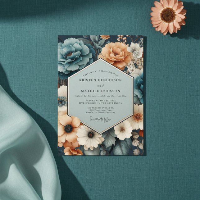 Invitation Mariage Romantique aux Fleurs de Corail Sarcelle (Créateur téléchargé)