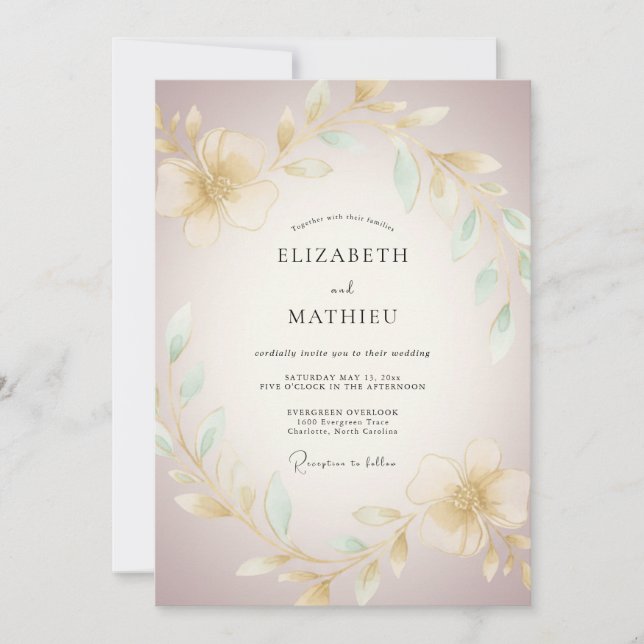 Invitation Mariage Romantique aux Fleurs de Crème (Devant)