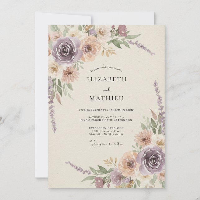 Invitation Mariage Romantique aux Fleurs de Lilas et Pêche (Devant)