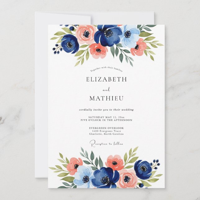 Invitation Mariage romantique aux fleurs de marine (Devant)