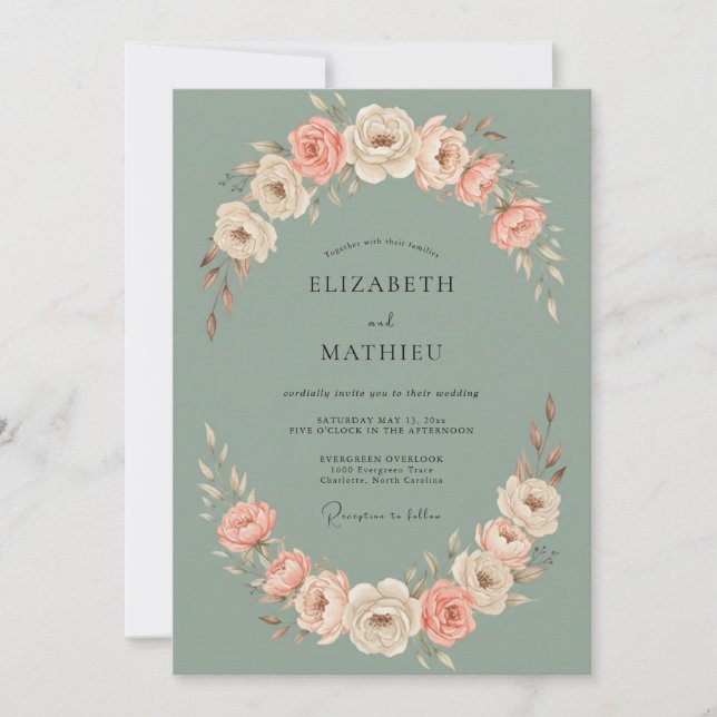 Invitation Mariage Romantique aux Fleurs de Pêcher Sage (Devant)