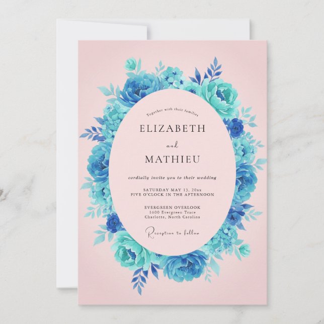 Invitation Mariage Romantique aux Fleurs de Teal (Devant)