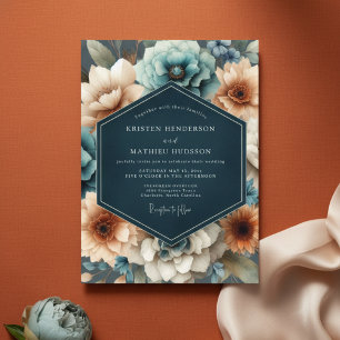 Invitation Mariage Romantique aux Fleurs de Teinte Cyan