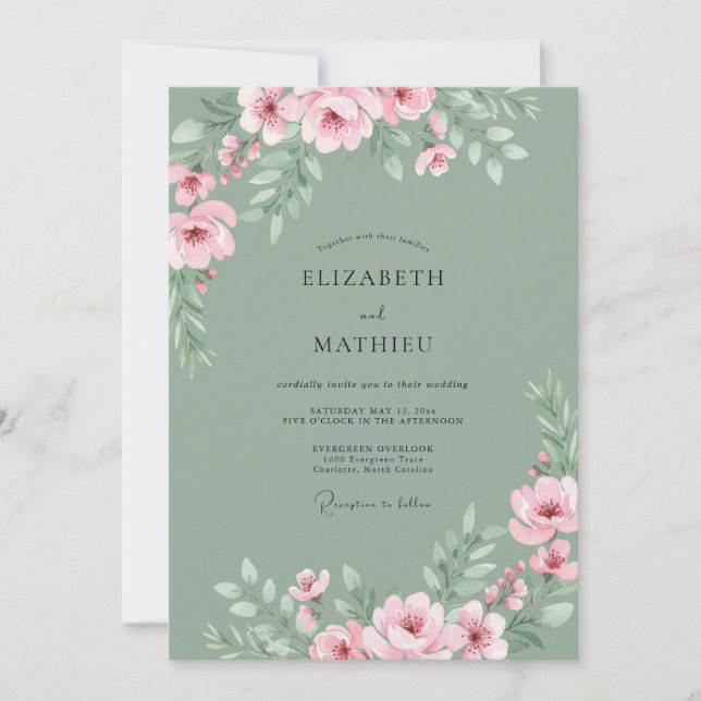 Invitation Mariage Romantique aux Fleurs de Vert Sauge (Devant)