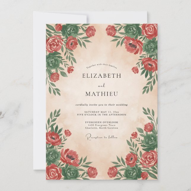 Invitation Mariage Romantique aux Fleurs Écarlates (Devant)