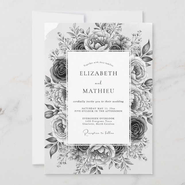 Invitation Mariage Romantique aux Fleurs Grises (Devant)