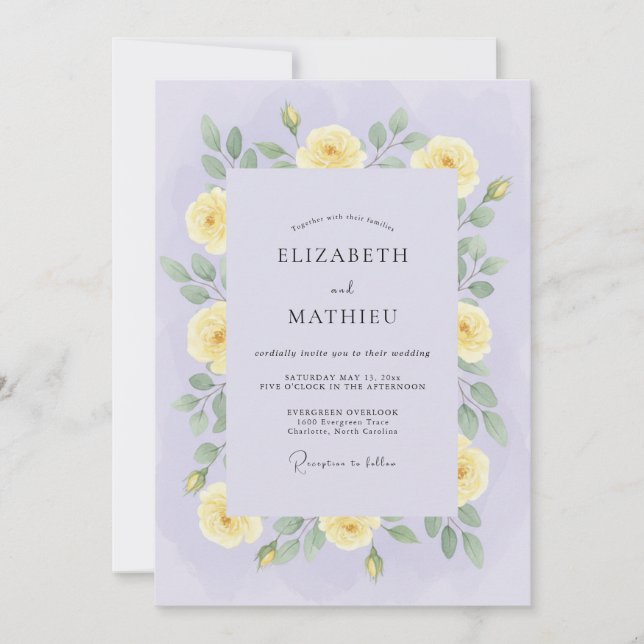 Invitation Mariage Romantique aux Fleurs Jaune Pâle (Devant)