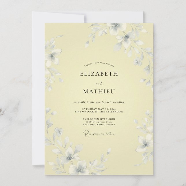 Invitation Mariage Romantique aux Fleurs Jaune Pâle (Devant)