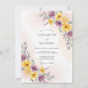 Invitation Mariage Romantique aux Fleurs Jaunes et Violettes