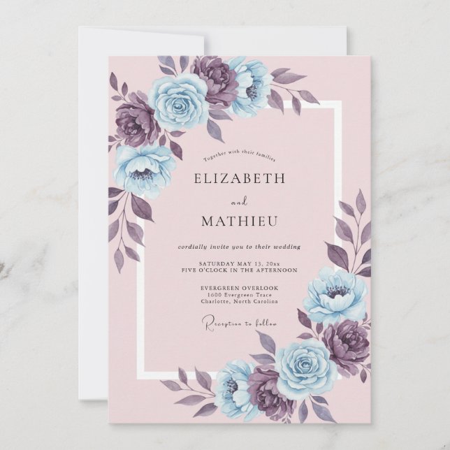 Invitation Mariage Romantique aux Fleurs Mauves Poussiéreuses (Devant)