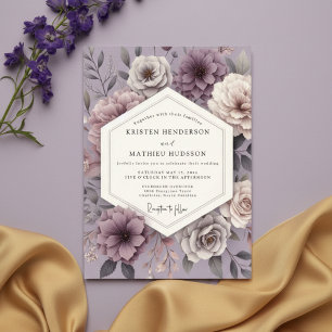 Invitation Mariage Romantique aux Fleurs Mauves Poussiéreuses