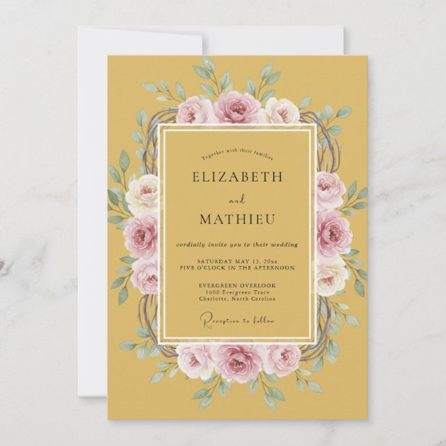 Invitation Mariage Romantique aux Fleurs Ocres et Blush (Devant)