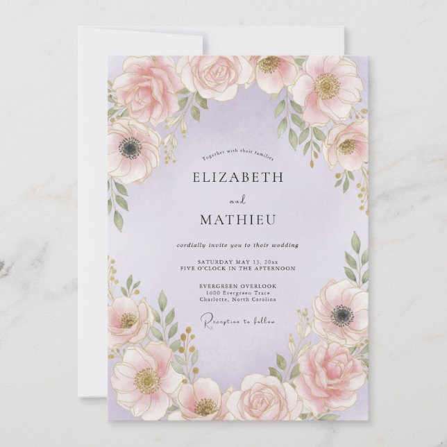 Invitation Mariage Romantique aux Fleurs Rose Pâle (Devant)