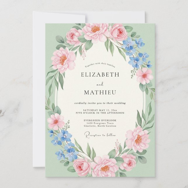 Invitation Mariage Romantique aux Fleurs Rose Pâle (Devant)