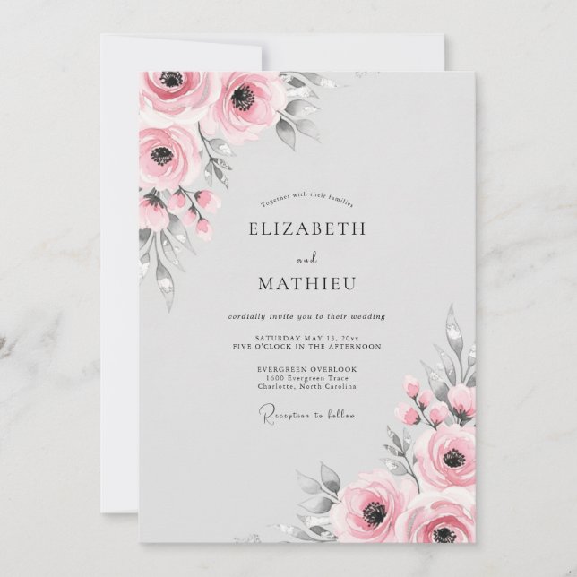 Invitation Mariage Romantique aux Fleurs Roses (Devant)