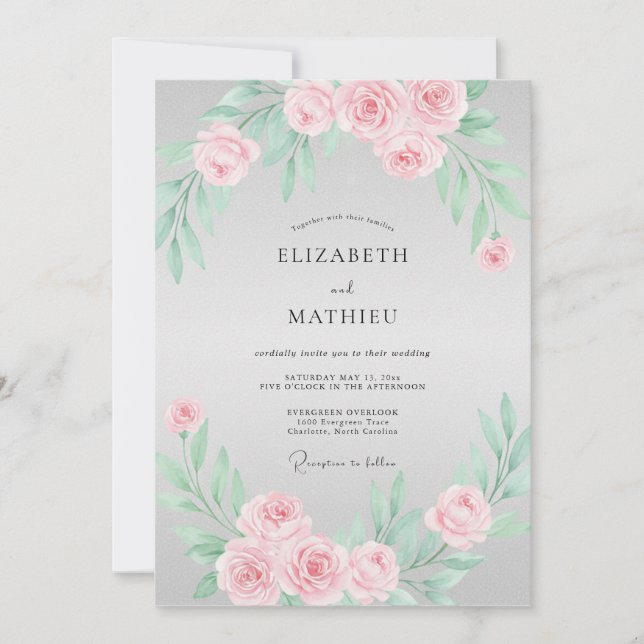 Invitation Mariage Romantique aux Fleurs Roses Tendres (Devant)