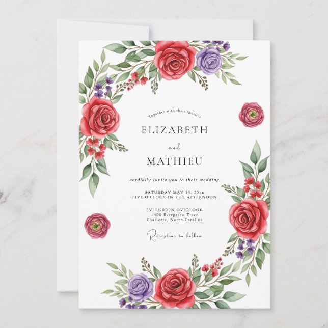 Invitation Mariage Romantique aux Fleurs Rouges (Devant)