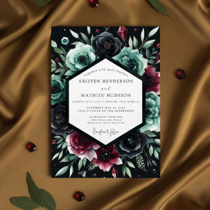 Invitation Mariage romantique aux fleurs sarcelle profondes