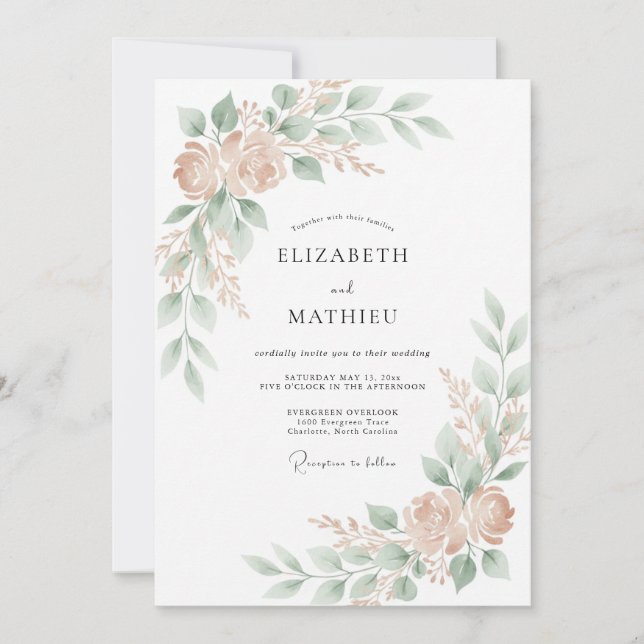 Invitation Mariage Romantique aux Fleurs Vertes de Pâleur (Devant)