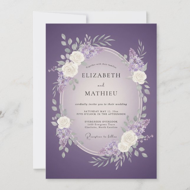 Invitation Mariage Romantique aux Fleurs Violettes (Devant)