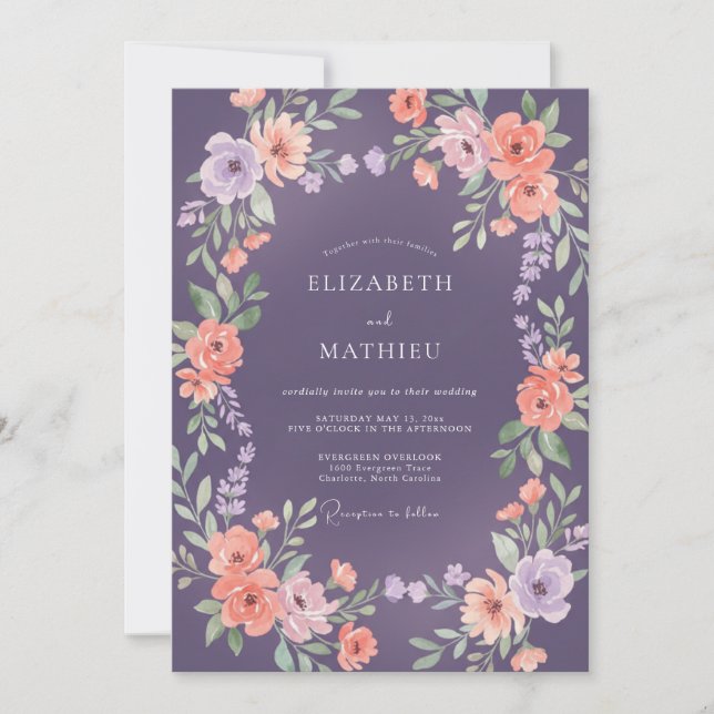 Invitation Mariage Romantique aux Fleurs Violettes (Devant)