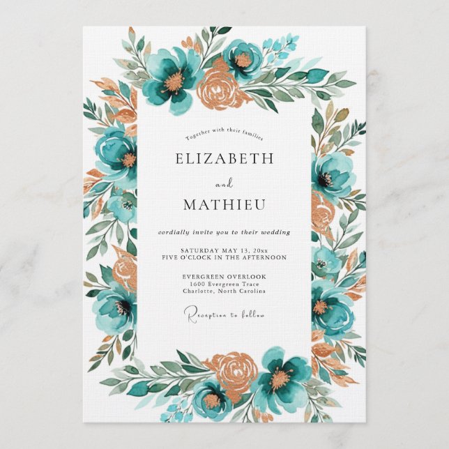 Invitation Mariage Romantique aux Floraisons de Teinte Cyan (Devant)