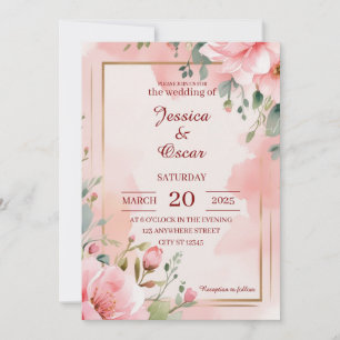 Invitation Mariage romantique aux florales rose tendre aquare
