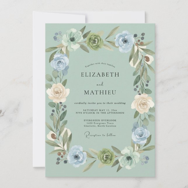 Invitation Mariage Romantique aux Pivoines Céladon (Devant)