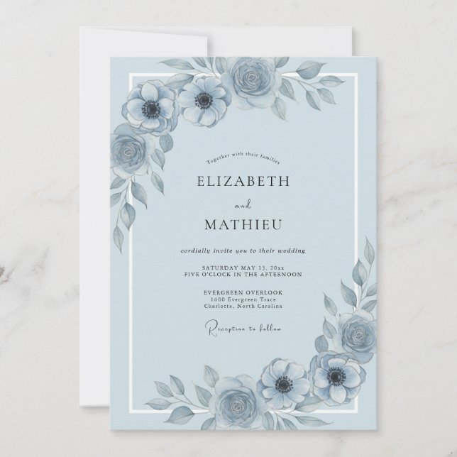 Invitation Mariage Romantique aux Pivoines et Bleuets (Devant)