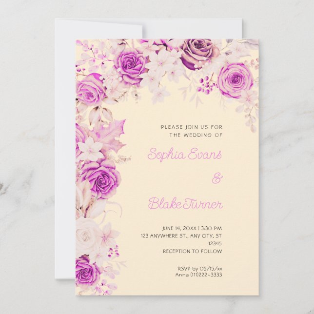 Invitation Mariage romantique aux roses roses et blanches ave (Devant)