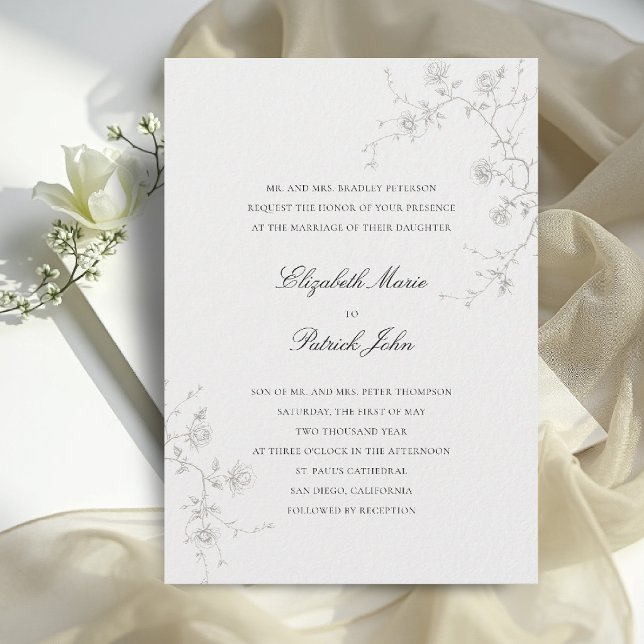 Invitation Mariage Romantique aux Roses Sauvages Classiques M (formal wedding invitation modern classic wild roses sketch floral art calligraphy parents host)