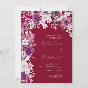 Invitation Mariage romantique aux roses violettes et blanches