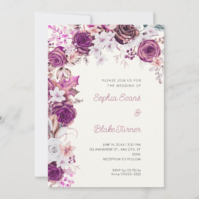 Invitation Mariage romantique aux roses violettes et blanches (Devant)