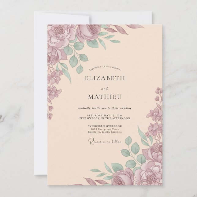 Invitation Mariage Romantique aux Tons Mauves Atténués (Devant)