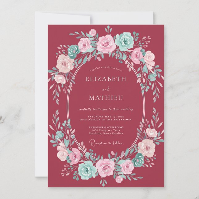 Invitation Mariage Romantique avec Accent Floral Bourguignon (Devant)