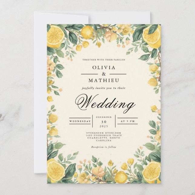 Invitation Mariage Romantique avec Arche Fleurie Jaune (Devant)