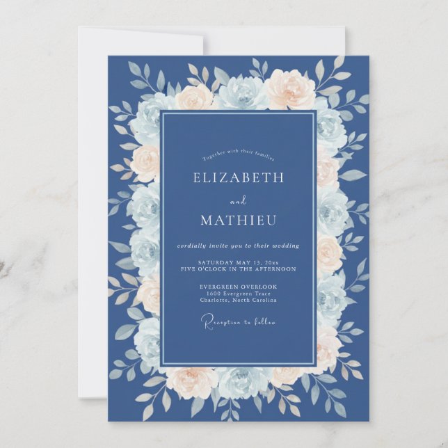 Invitation Mariage romantique avec fleurs navales (Devant)
