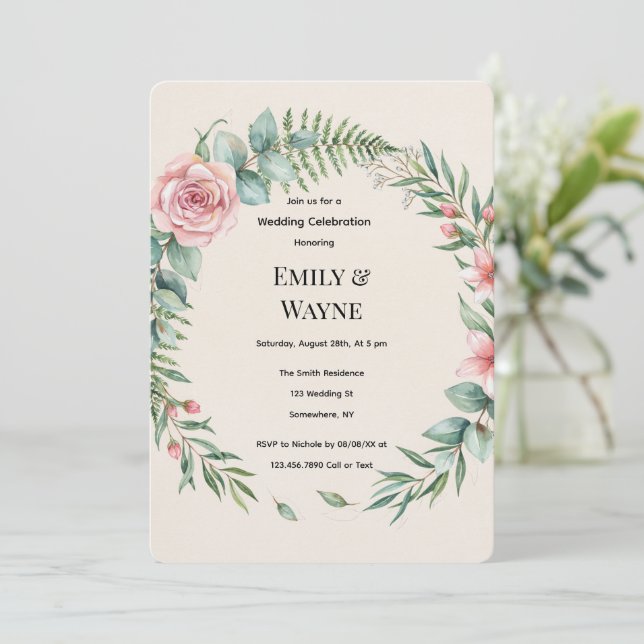Invitation Mariage Romantique avec Fleurs Roses et Verdure (Debout devant)