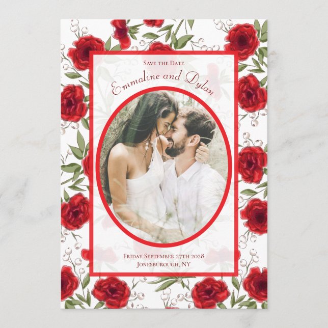 Invitation Mariage romantique avec rose rouge Photo à conserv (Devant)