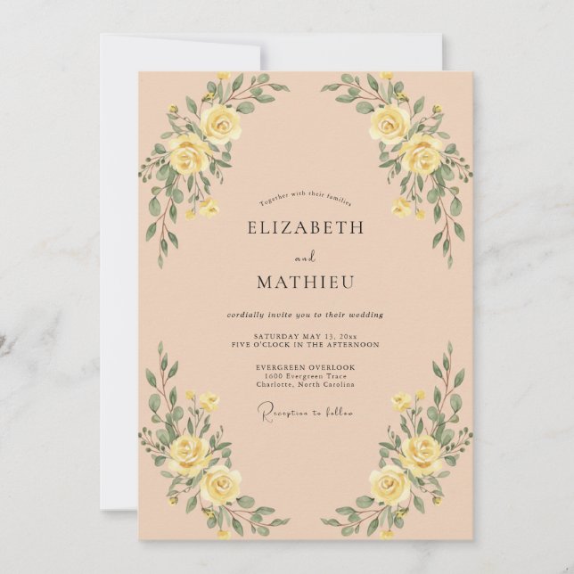 Invitation Mariage Romantique avec une Arche Fleurie Jaune (Devant)