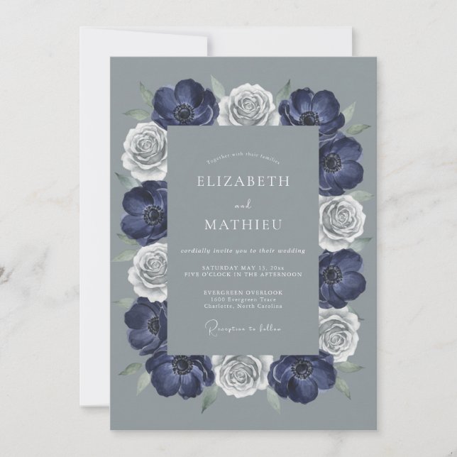 Invitation Mariage Romantique avec une Arche Florale Navy (Devant)