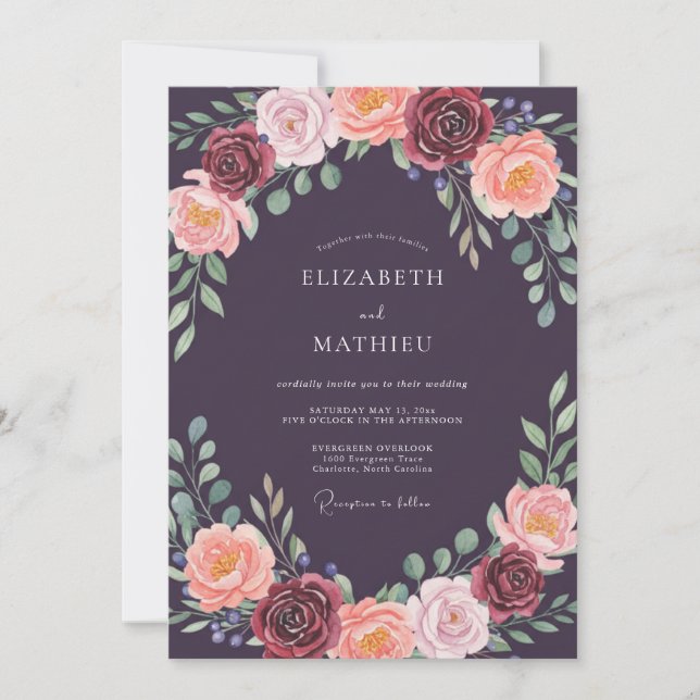 Invitation Mariage Romantique avec une Arche Florale Violet F (Devant)