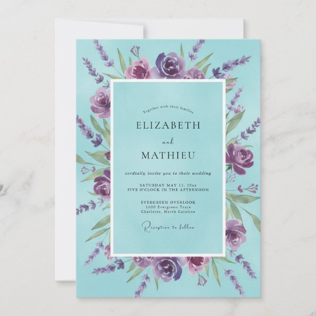 Invitation Mariage Romantique Bleu Aqua Lavande (Devant)