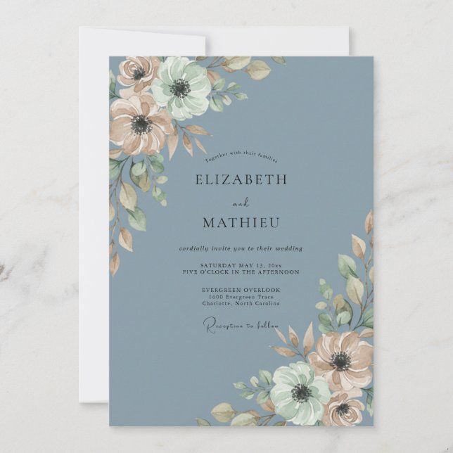 Invitation Mariage Romantique Bleu Ardoise Verdoyant (Devant)