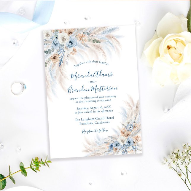 Invitation Mariage romantique bleu calligraphie florale boho (Créateur téléchargé)