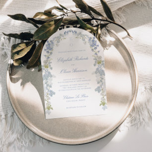 Invitation Mariage Romantique Bleu Floral Monogramme Tout en