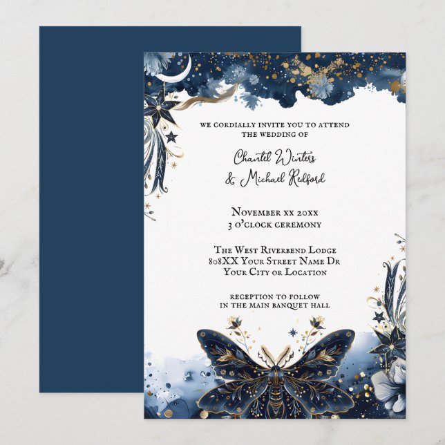Invitation Mariage romantique bleu nuit et or de la marine cé (Devant / Derrière)